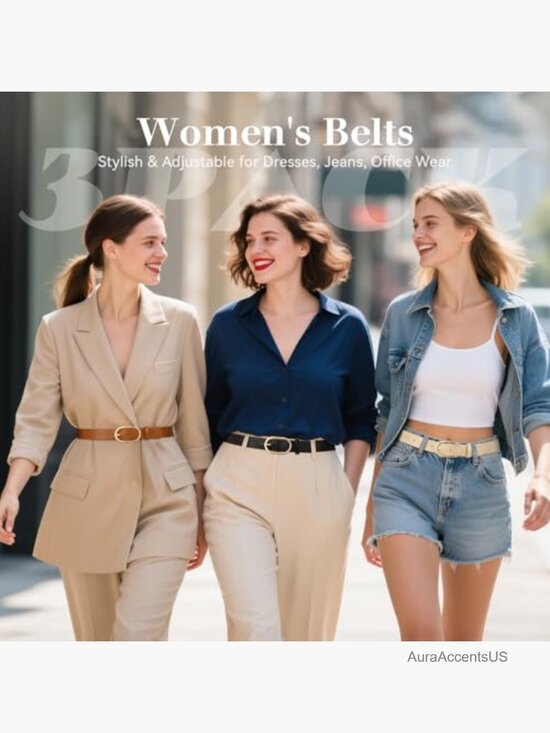 3 Pack Women\'s Faux Leather Belts with Gold Buckle main image 4